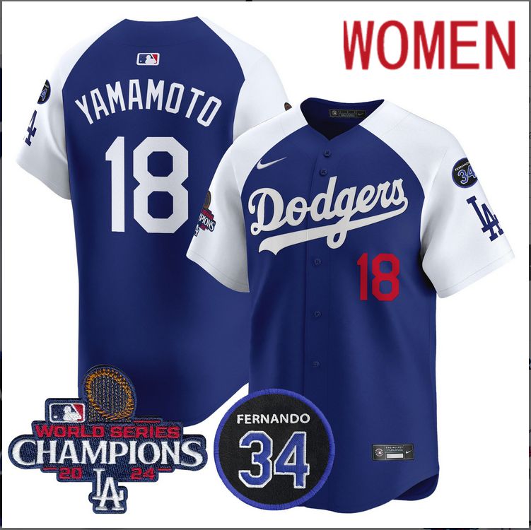 Women MLB Los Angeles Dodgers #18 Yamamoto blue 2024 World Series Champions Patch Limited Jersey style 3